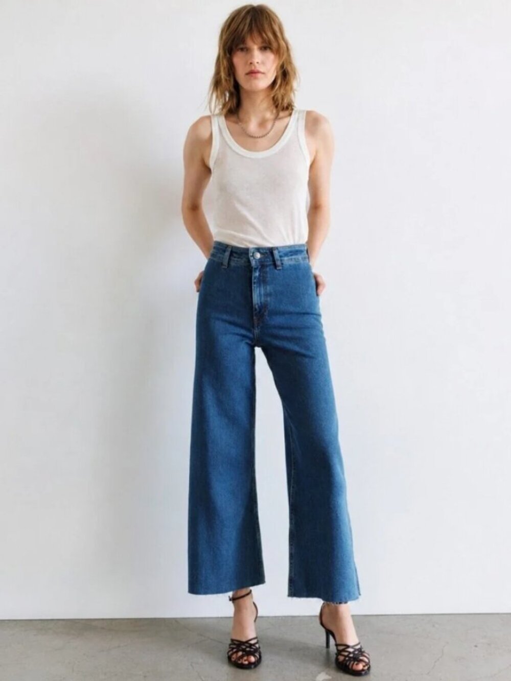 Zara The Marine High Waisted Wide Leg Straight Jeans Raw Hem Patch Pockets